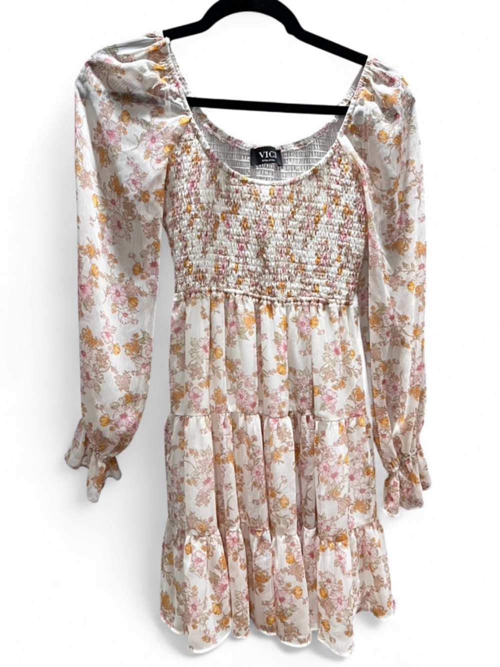 VICI Small White Floral Smocked Tiered Dress with Pink & Mustard Accents